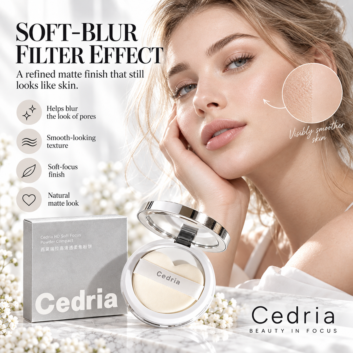 Cedria HD Soft Focus Powder Compact | Lightweight Setting Powder for a Soft-Matte Finish