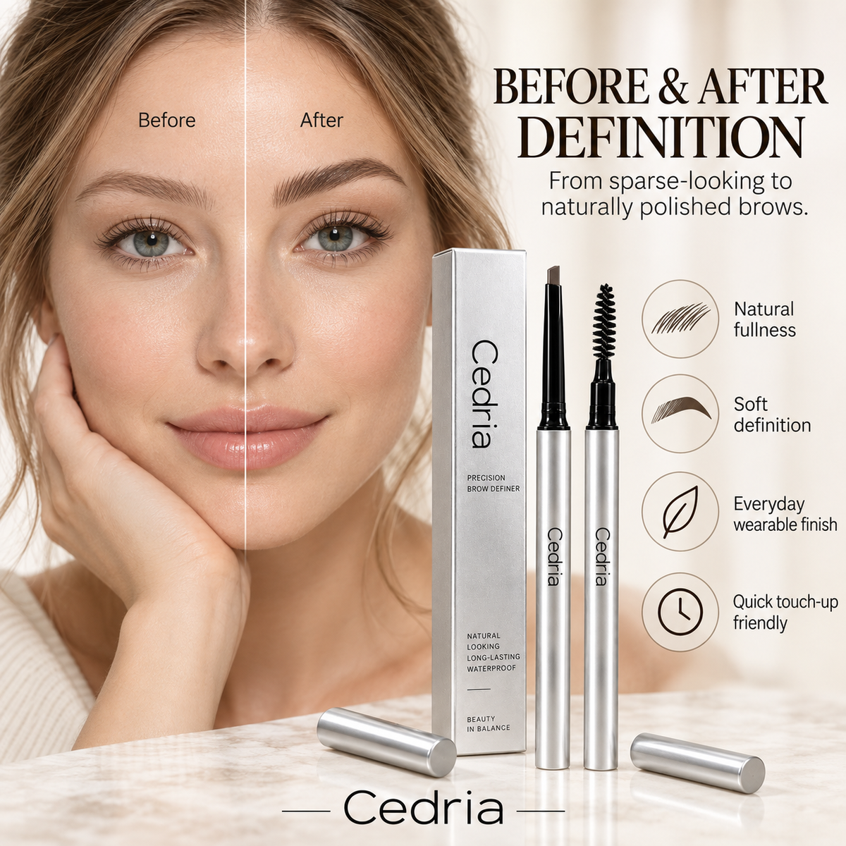 Cedria Precision Brow Definer | Angled Brow Pencil with Soft Spoolie – 3 Natural Shades