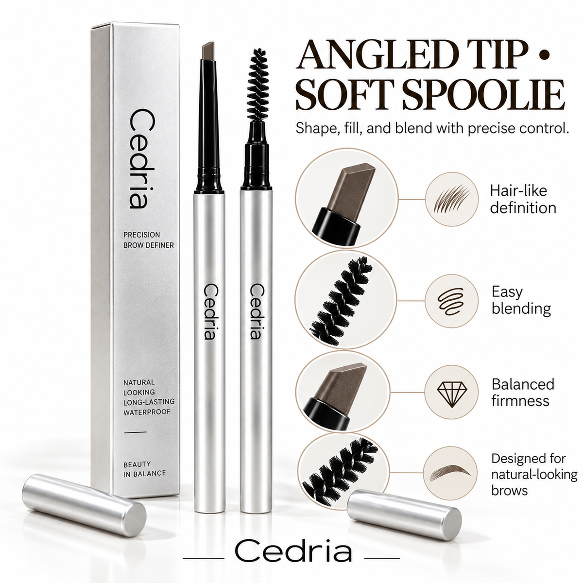 Cedria Precision Brow Definer | Angled Brow Pencil with Soft Spoolie – 3 Natural Shades