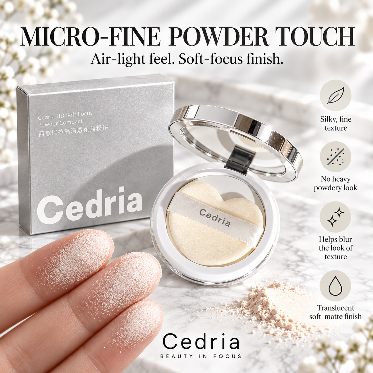 Cedria HD Soft Focus Powder Compact | Lightweight Setting Powder for a Soft-Matte Finish