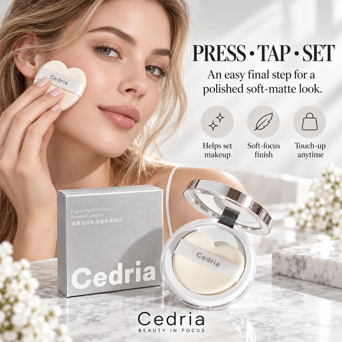 Cedria HD Soft Focus Powder Compact | Lightweight Setting Powder for a Soft-Matte Finish