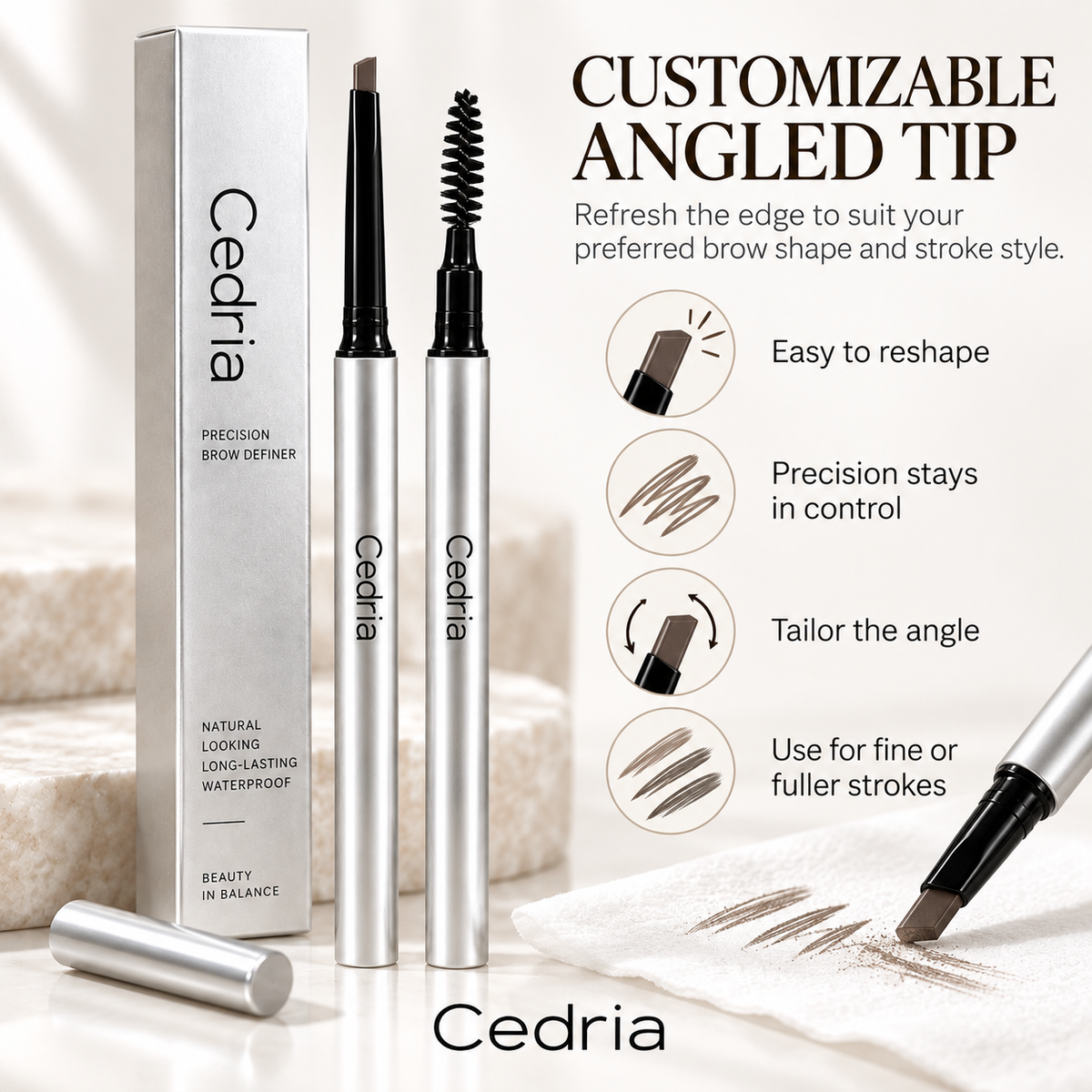 Cedria Precision Brow Definer | Angled Brow Pencil with Soft Spoolie – 3 Natural Shades