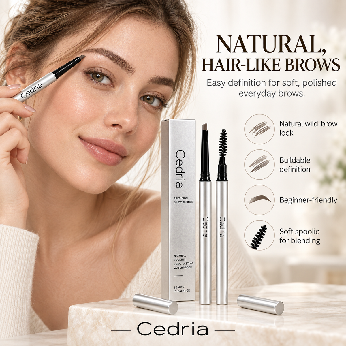 Cedria Precision Brow Definer | Angled Brow Pencil with Soft Spoolie – 3 Natural Shades