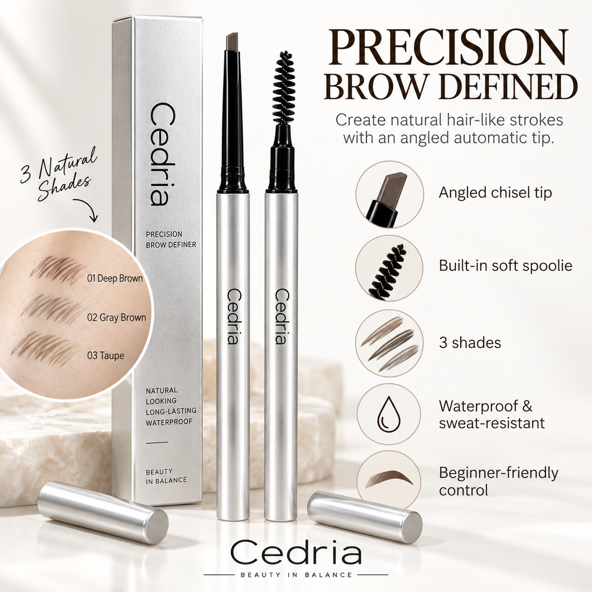 Cedria Precision Brow Definer | Angled Brow Pencil with Soft Spoolie – 3 Natural Shades