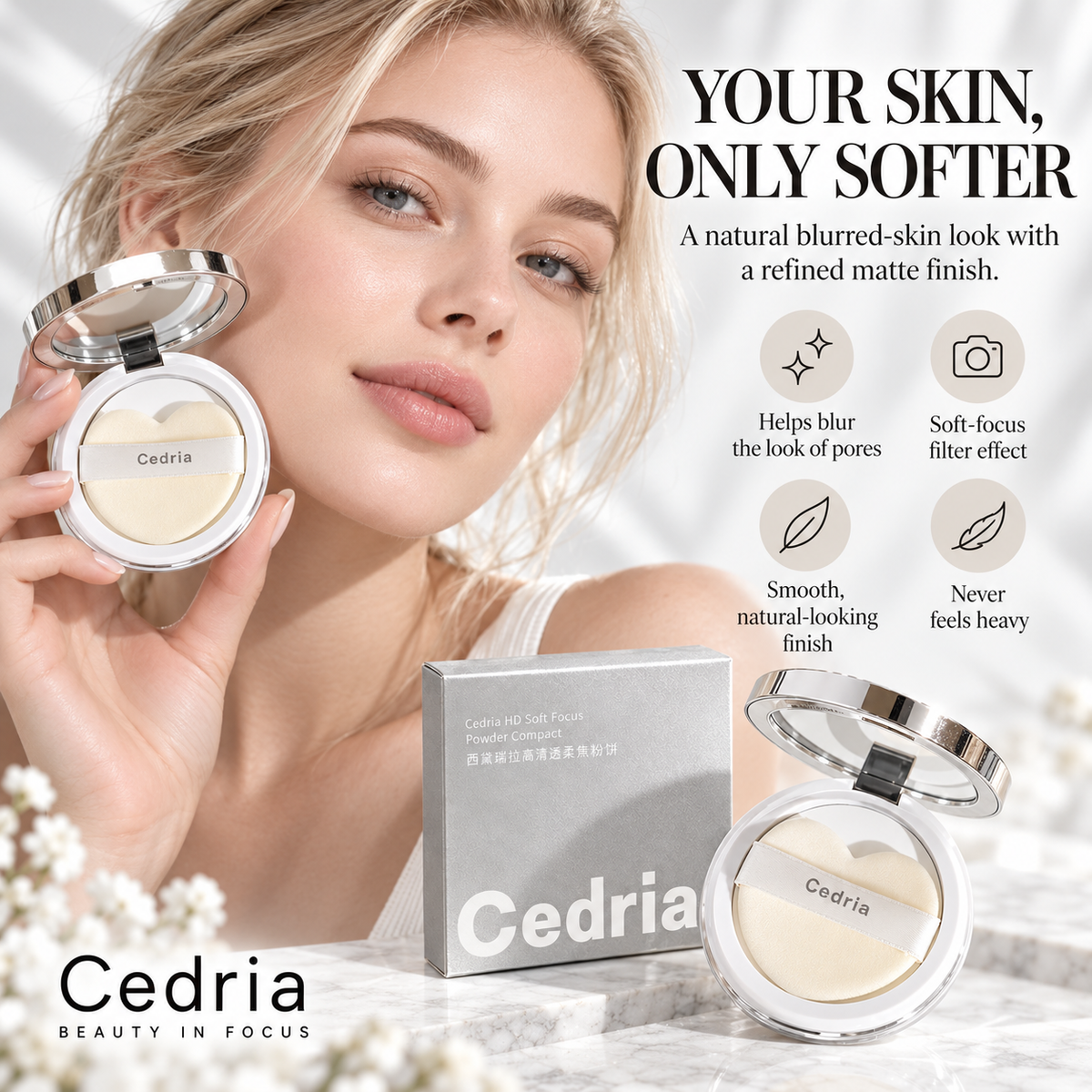 Cedria HD Soft Focus Powder Compact | Lightweight Setting Powder for a Soft-Matte Finish
