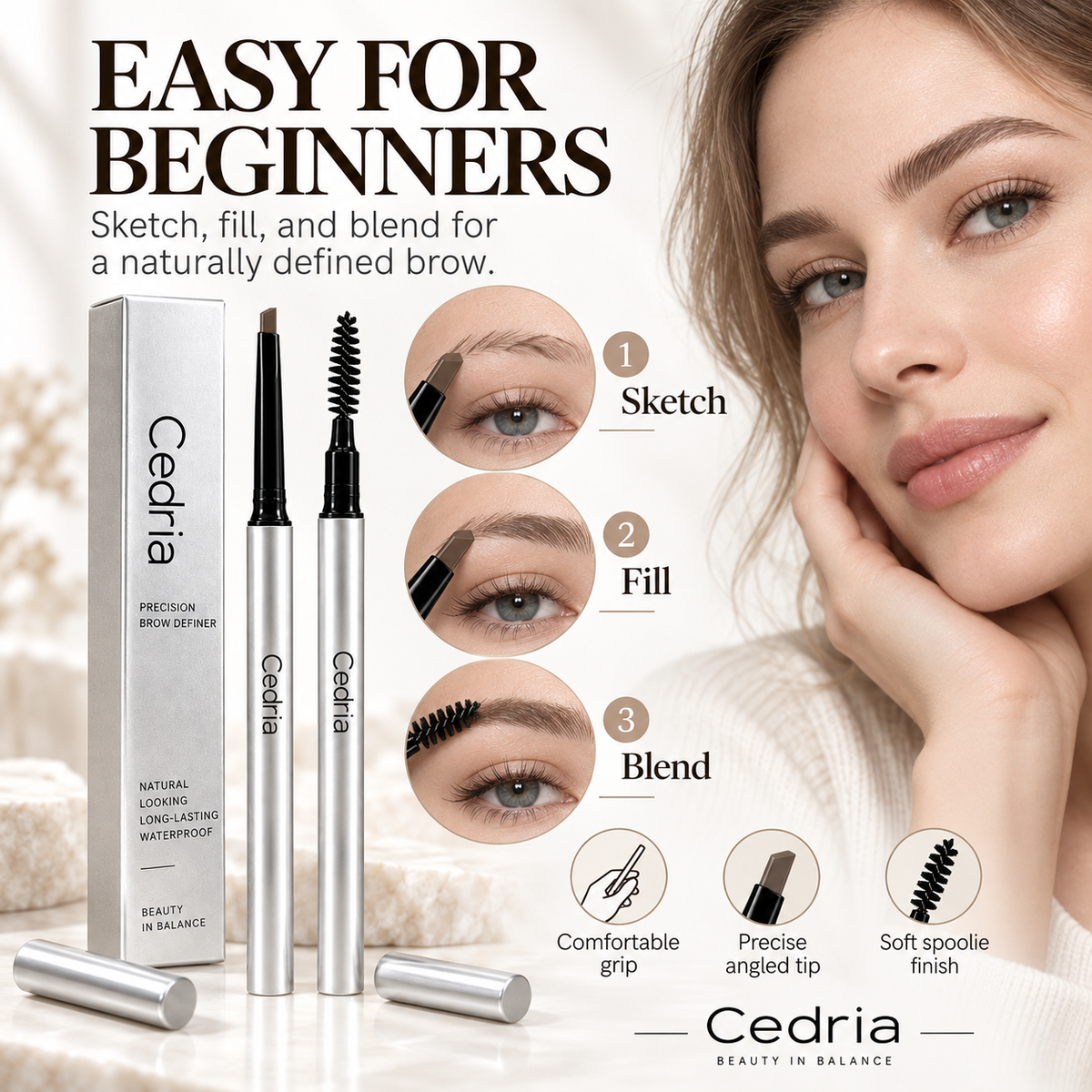 Cedria Precision Brow Definer | Angled Brow Pencil with Soft Spoolie – 3 Natural Shades