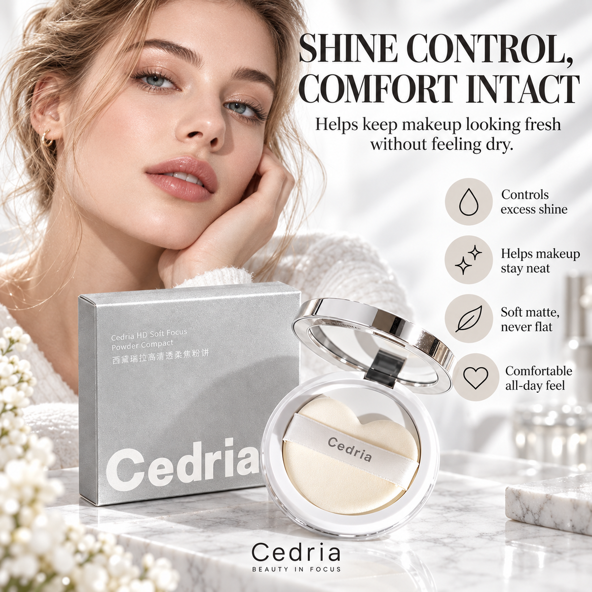 Cedria HD Soft Focus Powder Compact | Lightweight Setting Powder for a Soft-Matte Finish